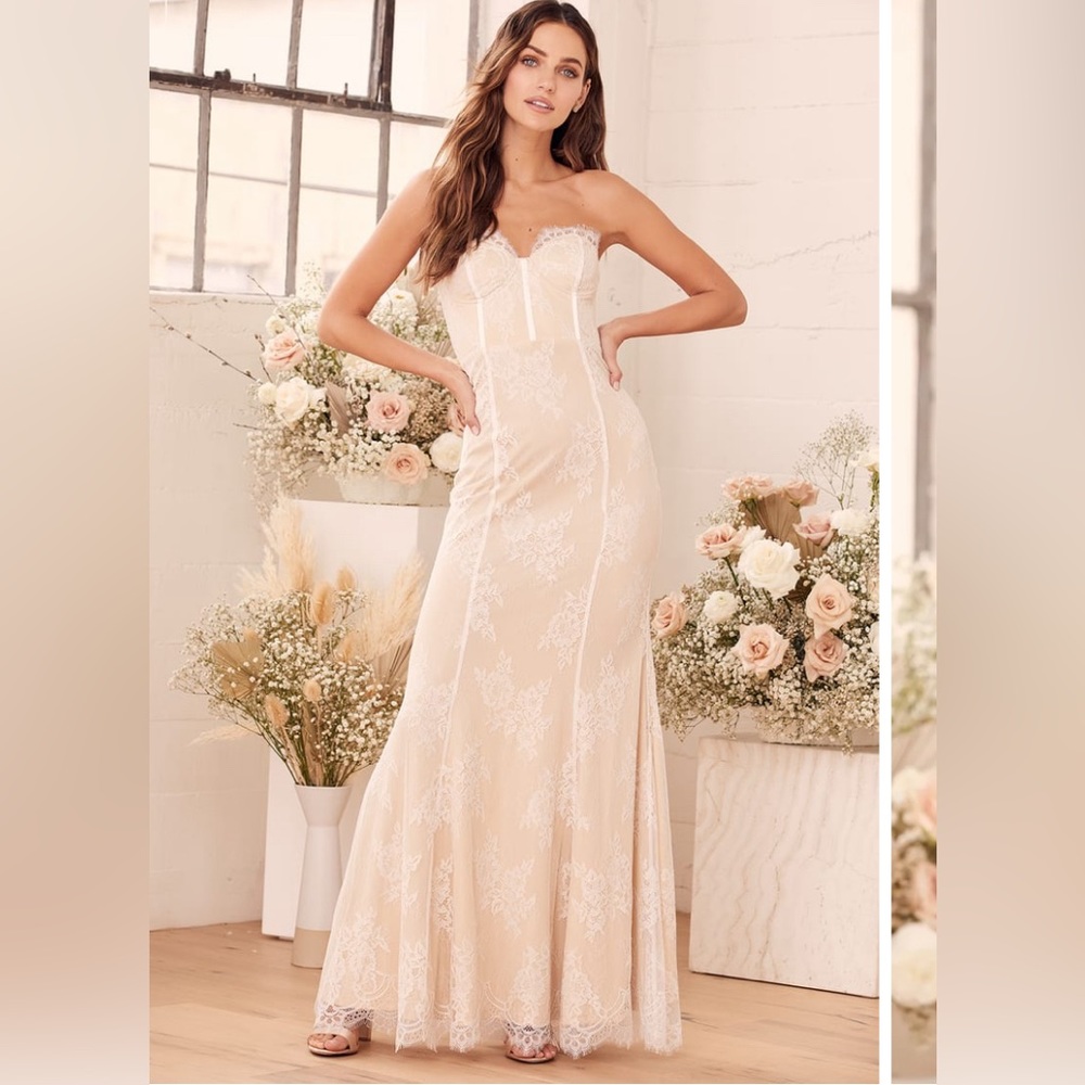 Moment of Elegance White Lace Strapless Mermaid Maxi Dress
Lulus